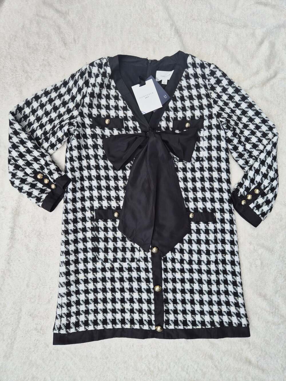 NWT Tuckernuck Pomander Place Coco Tweed Bow Dress Black White Houndstooth L